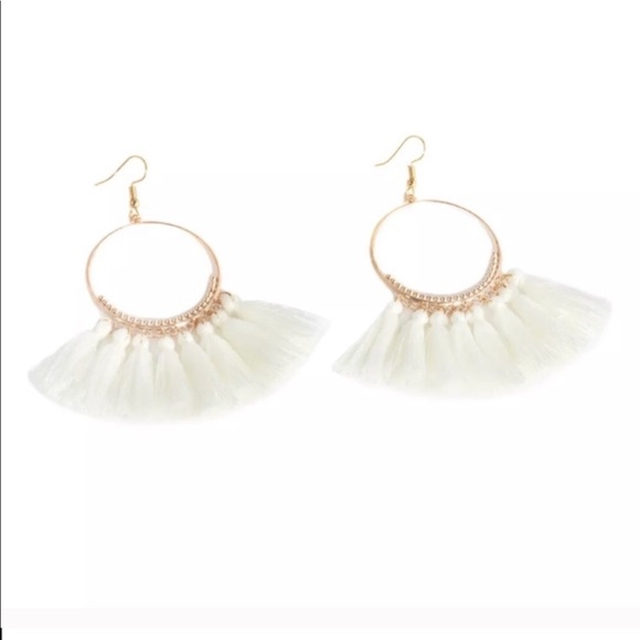 White Tassel Hoop Earrings - Picture 3 of 4